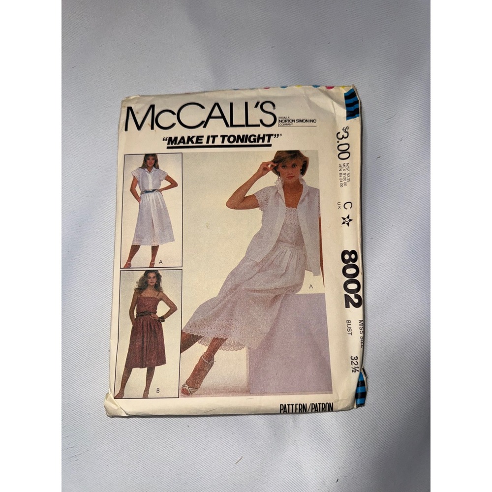 Vintage McCalls 8002 Sewing Pattern Misses Blouse Camisole Skirt Size 10 Bust 32